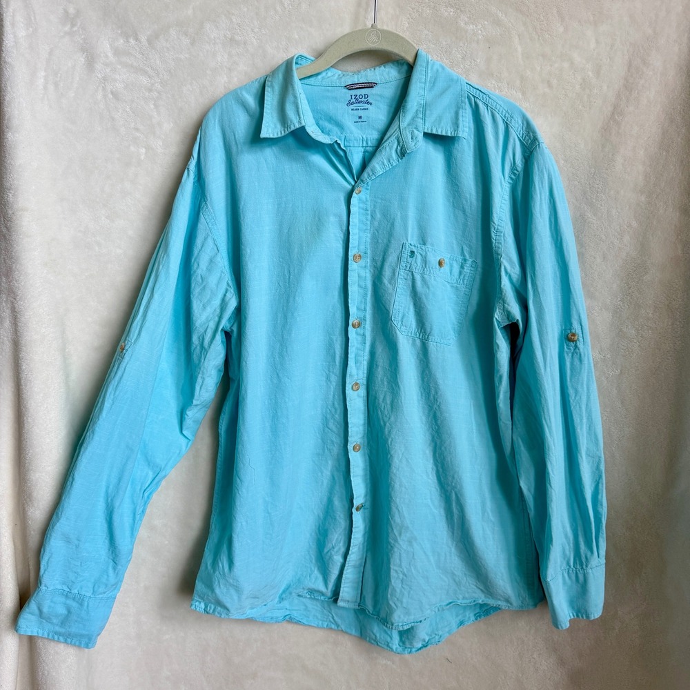 IZOD Saltwater Relaxed Classics Aqua Long Sleeve Button Up Shirt Size M Cotton